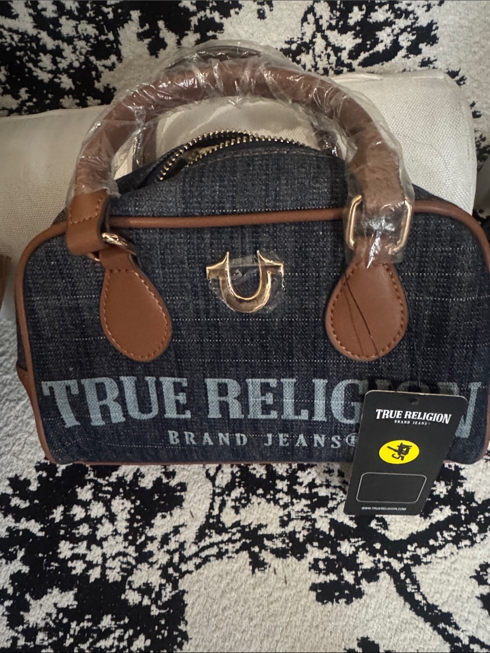 True Religion Denim Satchel with Brown Trim and Gold Hardware NWT